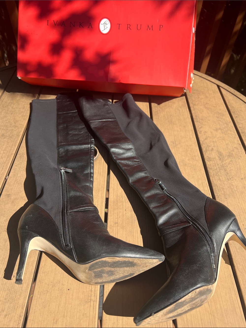 Ivanka Trump Black Leather Over-the-Knee Pointed-Toe Stiletto Boots.
